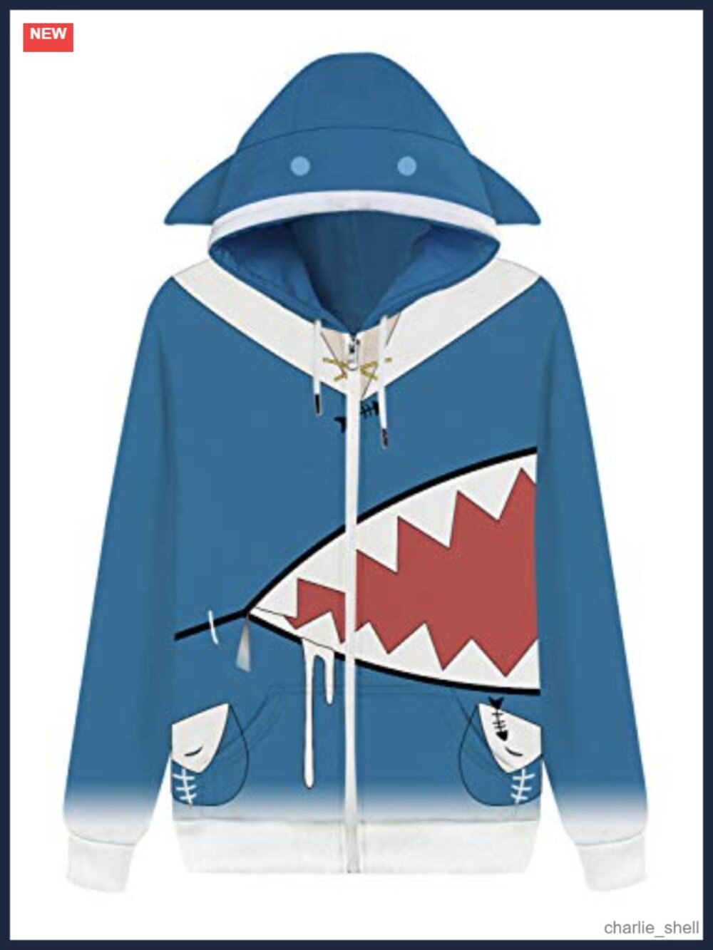 Gawr Gura Cosplay Zipper Hoodie Shark Tail Long Sleeve Sweatshirt Unisex